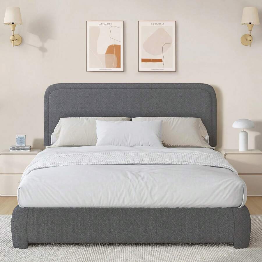 Twin/ Full/ Queen/ King Size Bed Frame, Boucle Upholstered Platform Bed With Headboard, Modern Style, Soft Rounded Corners, No Box Spring Required, Easy Assembly, Twin/ Full/ Queen/ King/ California King, Beige/ Grey/ Pink/ White/ Light Grey/ Black/ Green - Xám - Xem 1