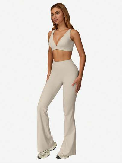 MFVIM Sports Set, Deep Neck Padded Wireless BH High Waist Flared Stretchy Pants, Slimming Wide Leg, Yoga, Pilates, Running, Com Tafel Skin Friendly Wear view 7