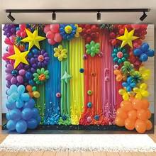 1 Fondo de fotografía vibrante con globos y estrellas - Pancarta colorida para ceremonia de graduación, fiesta de cumpleaños con diseño de pizarra y lápiz, adecuado para decoración de aula, retrato familiar y decoración de eventos, decoración de fiesta de graduación - Multicolor - Ver 8
