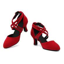 Women's Professional Latin Dance Shoes, Medium Heel Standard Dance Shoes, Double Strap, Burgundy Indoor Professional Dance Shoes, Performance Ballroom Salsa Dance Shoes - Red - View 7