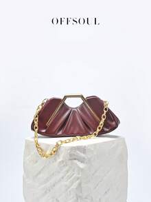 Vintage Asymmetrical Ruffle Cloud Clutch Bag, Unique Metal Hardware Handbag, High-End Retro Clutch Purse For Party, Banquet - 酒紅色 - 查看 10
