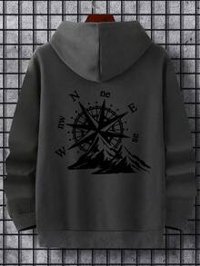 男士休闲简约街头户外山地印花宽松保暖连帽卫衣 | 时尚长袖上衣 - 深灰色 - 查看 6