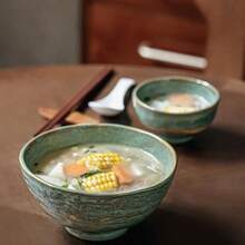 2pcs Handmade Vintage Ceramic Bowls - Thickened Green Gold Glaze Noodle Bowls, Suitable For Tossed Salads, Rice, Fruits - Durable Rustic Style Kitchen Utensils, Ideal For Family Dining And Gatherings, Fruit Bowls | Traditional Tableware | Dotted Green Glaze - Multicolor - View 10