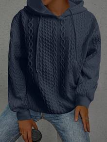 大码女式宽松休闲纯色提花针织长袖卫衣 春季 - 藏蓝色 - 查看 6