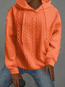 Plus Size Women Loose Casual Solid Color Jacquard Knit Long Sleeve Hoodie Sweatshirt