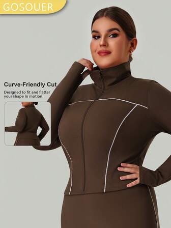 GOSOUER 플러스플러스 사이즈 여성용 대비 파이핑 캐주얼 야외 런닝 긴소매 스포츠 탑 지퍼업 재킷 (가을용 엄지 구멍 포함)