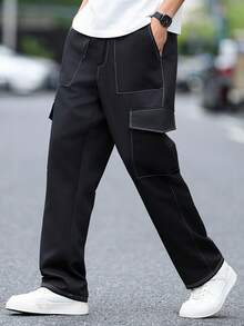 Plus Size Men's Cargo Pants With Pockets And Drawstring, Casual And - Black - View 1