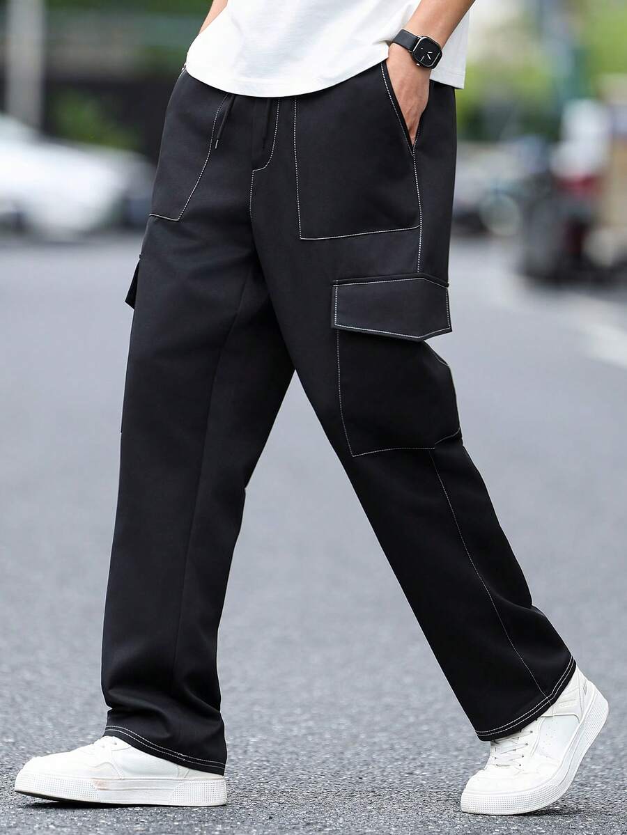 Plus Size Men's Cargo Pants With Pockets And Drawstring, Casual And - Black - View 1