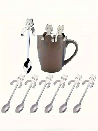 Conjunto de 1/2/5 colheres fofas em formato de gato kawaii, colheres de aço inoxidável, colheres criativas para pendurar em xícaras de café, perfeitas para mexer chá, café, açúcar e sobremesas, utensílios de cozinha para volta às aulas, presentes para amantes de animais de estimação.