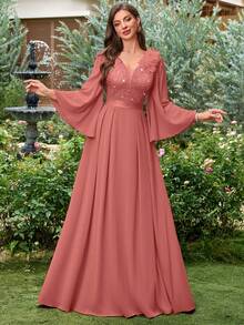 MIUSOL 亮片花卉蕾丝心形领口长袖褶皱下摆雪纺晚礼服，优雅女士派对礼服，正式晚礼服，情人节婚礼春季礼服 - 藕粉色 - 查看 5