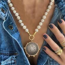 Funky Jewelry Luxury Chunky Gold Color Christ Glass Pearl Cross Charm Pendant Toggle Clasp Necklace Statement Gift Vintage Chain Jewelry ( Each Item Back Is Different )