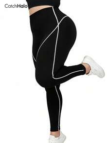 Plus Size Women's Tight Compression Leggings, Seamless Design, Contrast Trim, Spandex Fabric, Butt Lifting, High Elasticity Sports Black Fall - Black - View 8