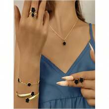 5pcs/Minimalist Plant Five Leaf Flower Set Gold Plated Stainless Steel Non Fading Women's Jewelry Five Leaf Grass Gift - Black - View 2