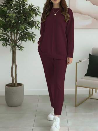 Women's Casual Solid Color Minimalist Round Neck Long Sleeve Top, Paired With Women's Fashion Casual Solid Color Minimalist Round Neck Long Sleeve Top, For Spring And Autumn Lightweight Micro-Stretch Soft-Touch Polyester