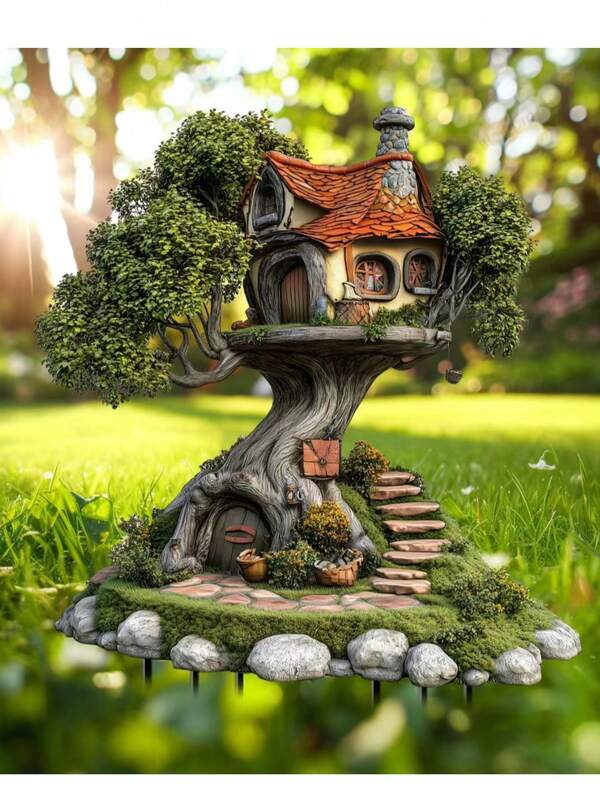 1 pieza Árbol de casa de acrílico 2D plano, captador de luz para jardín y césped, para decoración de macetas, decoración de jardín, decoración floral, decoración del hogar, regalo de cumpleaños perfecto para amigos y familiares, sin fuente de alimentación