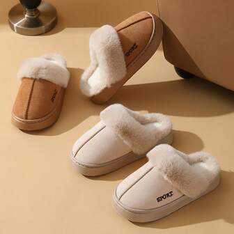 Embroidered Letter Fleece Slippers, Quilted Warm Design, Non-Slip EVA Soft Sole, Unisex Fashion