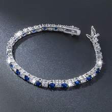 1pc Minimalist 925 Sterling Silver Cubic Zirconia Geometric Square Tennis Chain Bracelet For Women, Versatile For Daily Wear, Gift, Party, Vacation, Valentine's Day - Blue - View 3