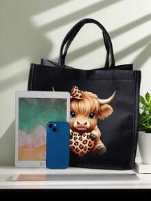 高地牛印花黑色亚麻手提包，可爱蝴蝶结爱心豹纹设计，高地牛图案，大容量化妆包，带提手，圣诞礼物，黑色亚麻零钱包，黑色格子购物袋，化妆包，饰有艺术字母和图案印花，适合女性日常使用，可用作便捷购物袋。教师节感谢礼物，女士大容量亚麻手提包，手提包和化妆包套装 - 彩色 - 查看 4