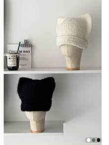 1顶猫耳长毛绒可爱兔耳保暖耳罩帽，针织混纺针织帽，女士秋冬款