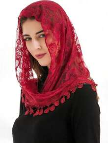 1件时尚纯色蕾丝三角头纱，轻盈花卉刺绣镂空披肩围巾，适合教堂祈祷、婚礼头纱、新娘头纱、秋季女装、情人节配饰