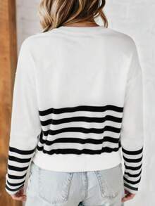 Women's Casual Striped Sweatshirt, All-Match Round Neck Design, Versatile & Comfortable Long Sleeve Top, Spring/Autumn - White - View 2