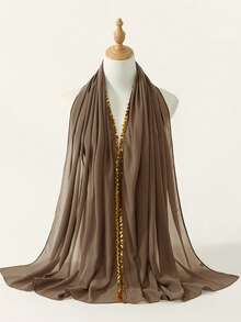 1pc Solid Color Faux Pearl & Gold Floral Chiffon Scarf, Casual Elegant Breathable Hijab, Suitable For Outdoor, Beach, Daily Wear For Dress,Holiday - Golden Double-sided Flower Chiffon Scarf - View 28