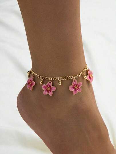 1pc Elegant Vintage French Style Handmade Tie Dye Gradient Pink 5-Petal Flower & Golden Tiny Ball Pendant Anklet For Women (No Gift Box)