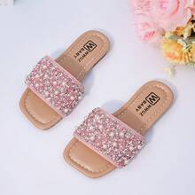 A Pair Of Fashionable Girls' Flip-Flops - A New Summer Style In Pink With Pearl And Rhinestone Studded Slip-On Sandals - Rose Red - View 16