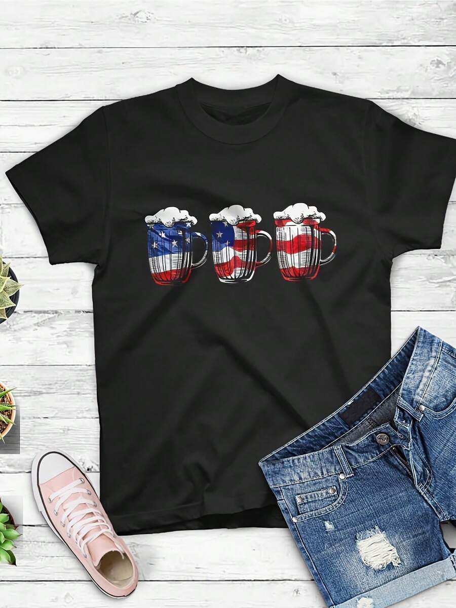 Beer An Flag T Shirt 4th Of July Vintage  USA T-Shirt,This Fun Printed Casual T-Shirt Is The Perfect Gift For Valentine's Day/Christmas - 款式6 - 查看 1