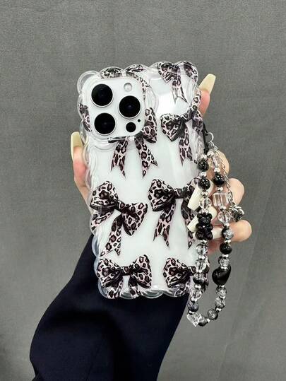 Leopard Print Bow Tie Painted Braided Wavy Edge Minimalist High-End TPU Painted Anti-Drop Phone Case With Handmade Beaded Bracelet Accessory, Compatible With IPhone 17pro/17Air /17/17promax 16/11/16pro/16plus/16promax/16e/15Promax/13/14/12/XS/XR/7G/8PXR /7/8, Painted For IPhone 15Promax, 13, 14, 11 Soft Case, P12 Anti-Drop X, 12/14 Painted TPU Anti-Drop Soft Case