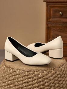 MonaNise Women's Fashion Pink Square Toe Slip-On Pumps With Orange Contrast, Suitable For Vacation, Travel, Shopping, Outdoor, Retro Brown Casual, Navy Blue Versatile High-End Black High Heel Pumps - Apricot - View 2