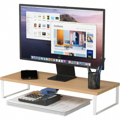 Monitor Stand 50cm Wood And Steel Desktop Riser Screen Keyboard Laptop Small TV Ergonomic Desk And Tabletop Organizer White