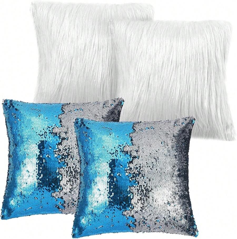 4 Pcs Sequin And Fluffy Pillow Covers Winter Throw Pillow Cases Soft Cushion Cover Couch Bed Sofa (18 X 18 Inch, Pink, White) - 白色,銀藍色 - 查看 1