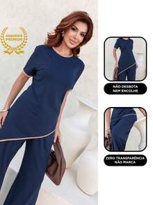 Maria do Luxo Women's Sweatshirt Set, Blouse And Pants With Pockets - Navy Blue - View 5