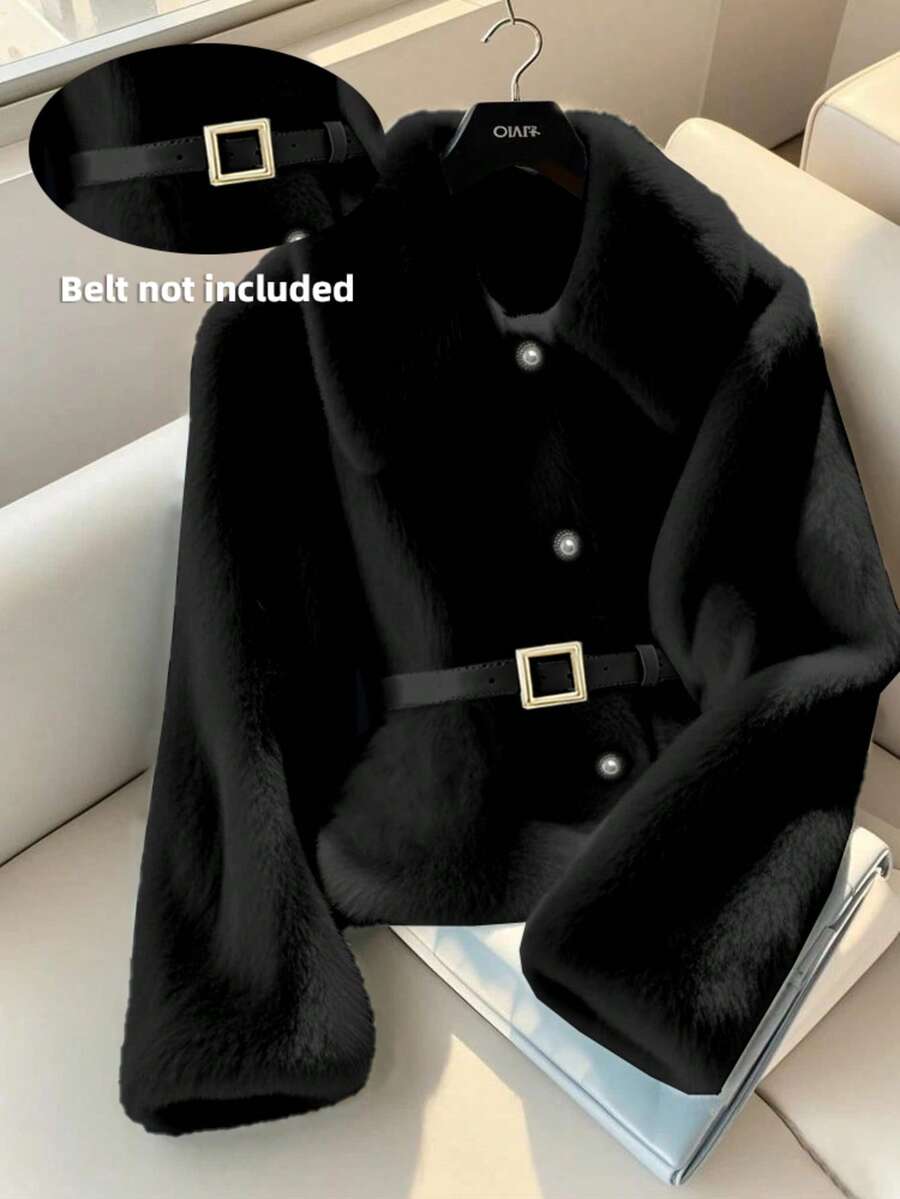 Nueva chaqueta casual con botones delanteros y cuello de piel sintética de unicolor para mujeres, abrigo elegante y lindo de peluche adecuado para fiestas, salidas, ir al trabajo, Navidad y disfraces de Halloween (sin cinturón) - Negro - Ver 1