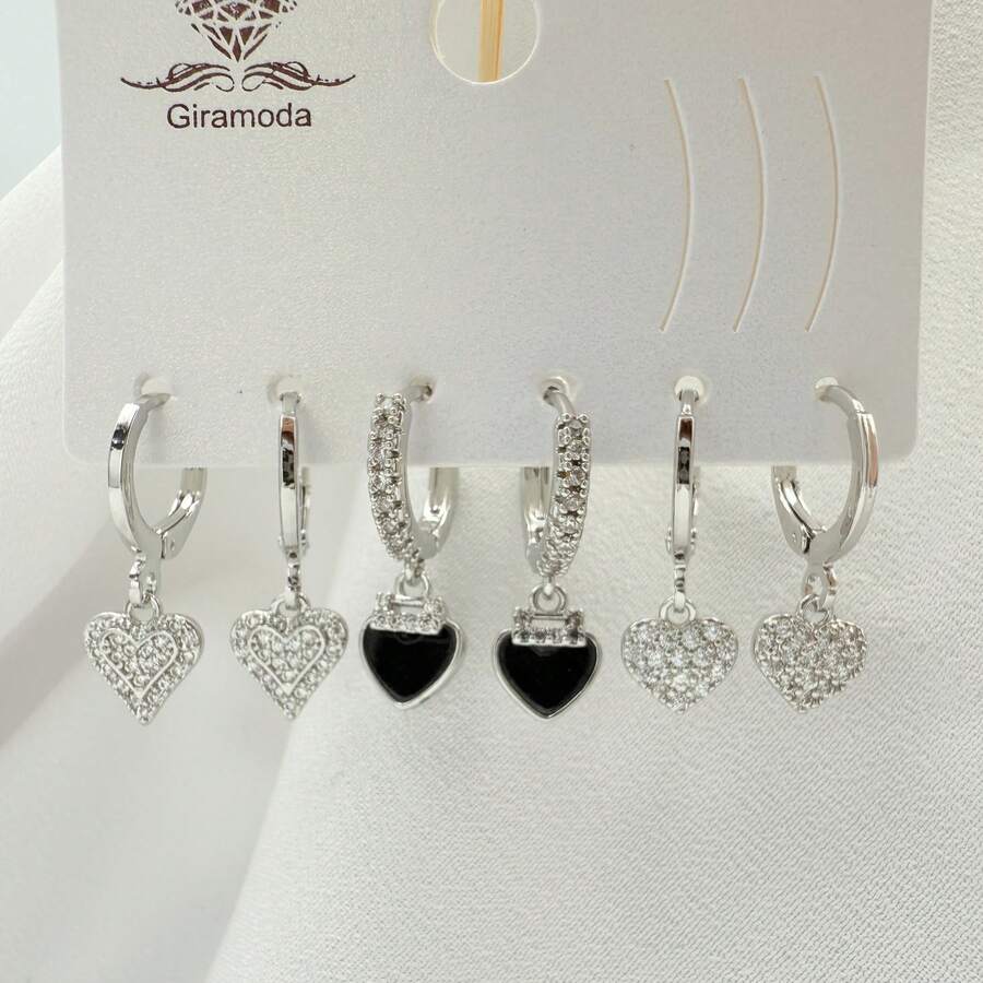 Necklace With 3 Pairs Of Women's Earrings Plated In 18K Gold And 925 Silver With Heart Design, Hoop And Colorful Cubic Zirconia - Modern And Elegant Style - B135. - Xem 1