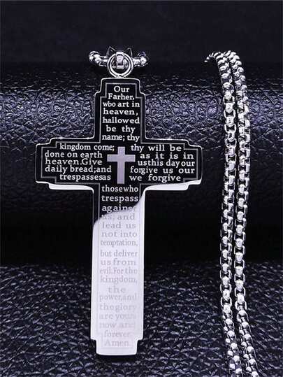 1pc Stainless Steel Cross Pendant Engraved Bible Necklace For Men Women Catholic Prayer Lucky Amulet Jewelry