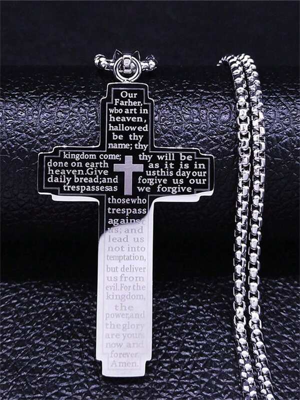 1pc Stainless Steel Cross Pendant Engraved Bible Necklace For Men Women Catholic Prayer Lucky Amulet Jewelry