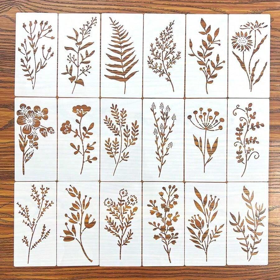 18件套花卉绘画模板 DIY手绘花边镂空模具，塑料材质，可重复使用，适用于木材、织物、纸张、喷漆工艺