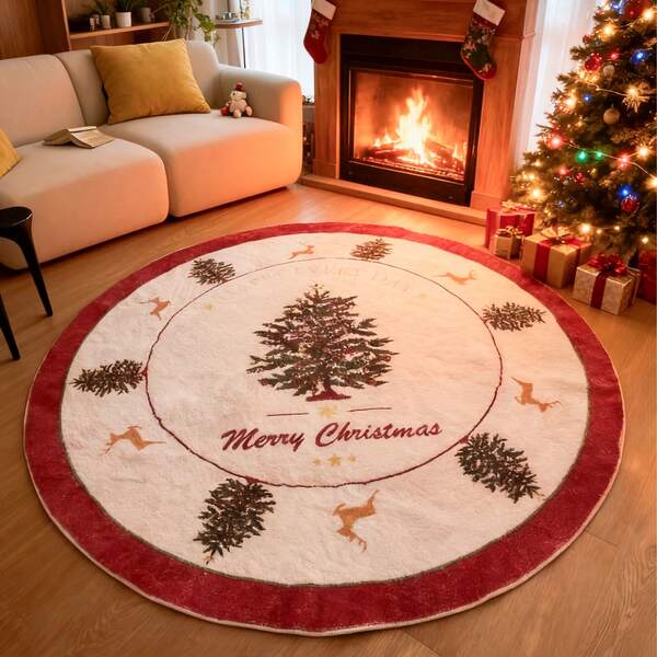 Covor rotund de Crăciun din imitație de cașmir, moale și confortabil, atmosferă festivă, ușor de curățat, antiderapant, potrivit pentru sufragerie, dormitor, birou, hol și alte zone, covor de bucătărie