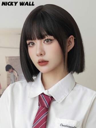 NICKY WALL 深棕色鲍勃假发 女士短直发 可爱假发 带刘海 自然时尚合成耐热纤维假发 适合女孩日常派对使用 12 英寸（黑棕色）