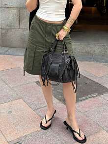 Womens Y2K Drawstring Jean Shorts Summer Elastic Waist Baggy Cargo Denim Shorts Casual Stretch Jorts With Pockets - 軍綠色 - 查看 3