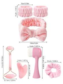 3/4/7pcs/Set Facial Cleansing & Beauty Massage Tool Combo Set, Includes Face Brush, Dead Skin Scraper, Mask Brush, Soft Hair Multi-Function Brush, Face Beauty Scraper, Roller, Plush Washable Face Cleaning Set, Bulk Skincare Tool Combo Set, Claw Clips - Pink - View 2