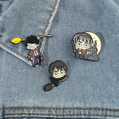 Warner Bros 1/3 Pcs Cartoon Anime Brooch Set Cute Harry Magic Broom Shaped Enamel Pin Metal Badge Jewelry Clothing Backpack Accessories Gift For Friends