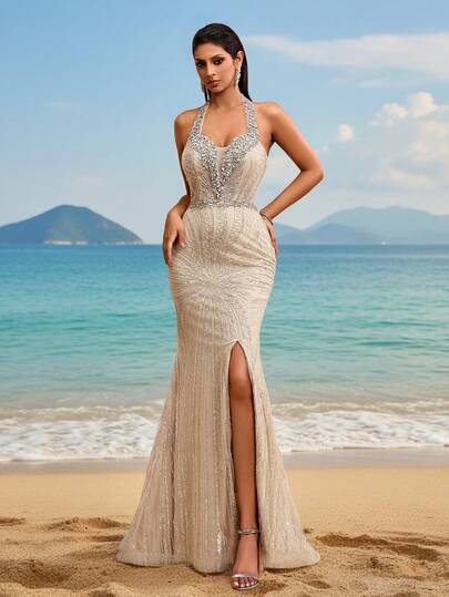 New Luxury High-End Sequin & Sequins Lace Halter Neck Handmade Beaded Formal Dress With Slit Hem, Elegant For Women's Formal Gala, Wedding Guest Dress