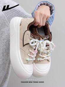 1 Pair WARRIOR Women's Thick Sole Lace-Up Soft Bottom Casual Shoes, Low-Top Outdoor Flat Shoes, Round Toe Low Heel Non-Slip Solid Color Elegant Soft Bottom Hiking Shoes, Suitable For Students, Graduation Photos, Flat Shoes, Low-Top Leather Face Sports Skateboard Shoes