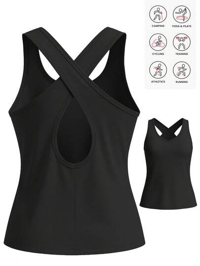 Women's Fitness Criss-Cross Strap Sports Tank Top, Gym Workout Casual Sleeveless Shirt