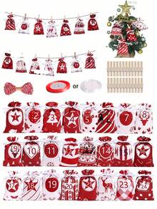 24 个圣诞节降临节礼品袋 DIY 日历挂袋格子抽绳袋袜子储物袋礼物圣诞礼品袋派对礼品袋，24 个日历挂袋格子抽绳袋储物袋礼物圣诞礼品袋派对礼品袋，适用于婚礼、生日、礼物、父亲节、感恩节、圣诞节、新年、节日礼物、圣诞节 - 彩色 - 查看 10
