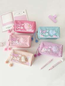 1个甜美少女闪亮粉色爱心化妆包 学生高级美妆文具笔袋 便携式洗手间收纳袋 - 彩色 - 查看 2