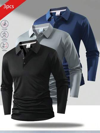 3 件男士透气长袖 Polo 衫，适合跑步、健身、高尔夫、休闲运动、春秋季